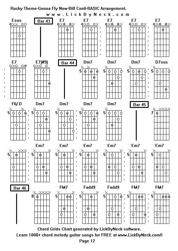 Chord Grids Chart of chord melody fingerstyle guitar song-Rocky Theme-Gonna Fly Now-Bill Conti-BASIC Arrangement,generated by LickByNeck software.